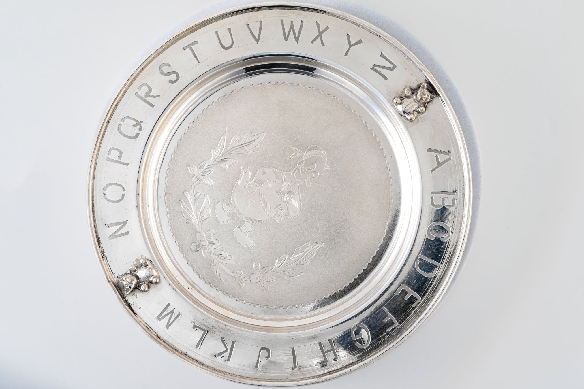 Pure 925 Silver Baby Plate with Engraved Alphabet Border – 7 Inch
