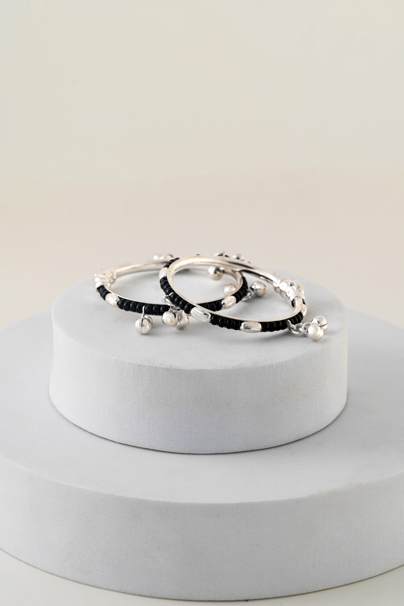 Pure 925 Silver Kids Bangles with Black Beads – 1.10 Inch