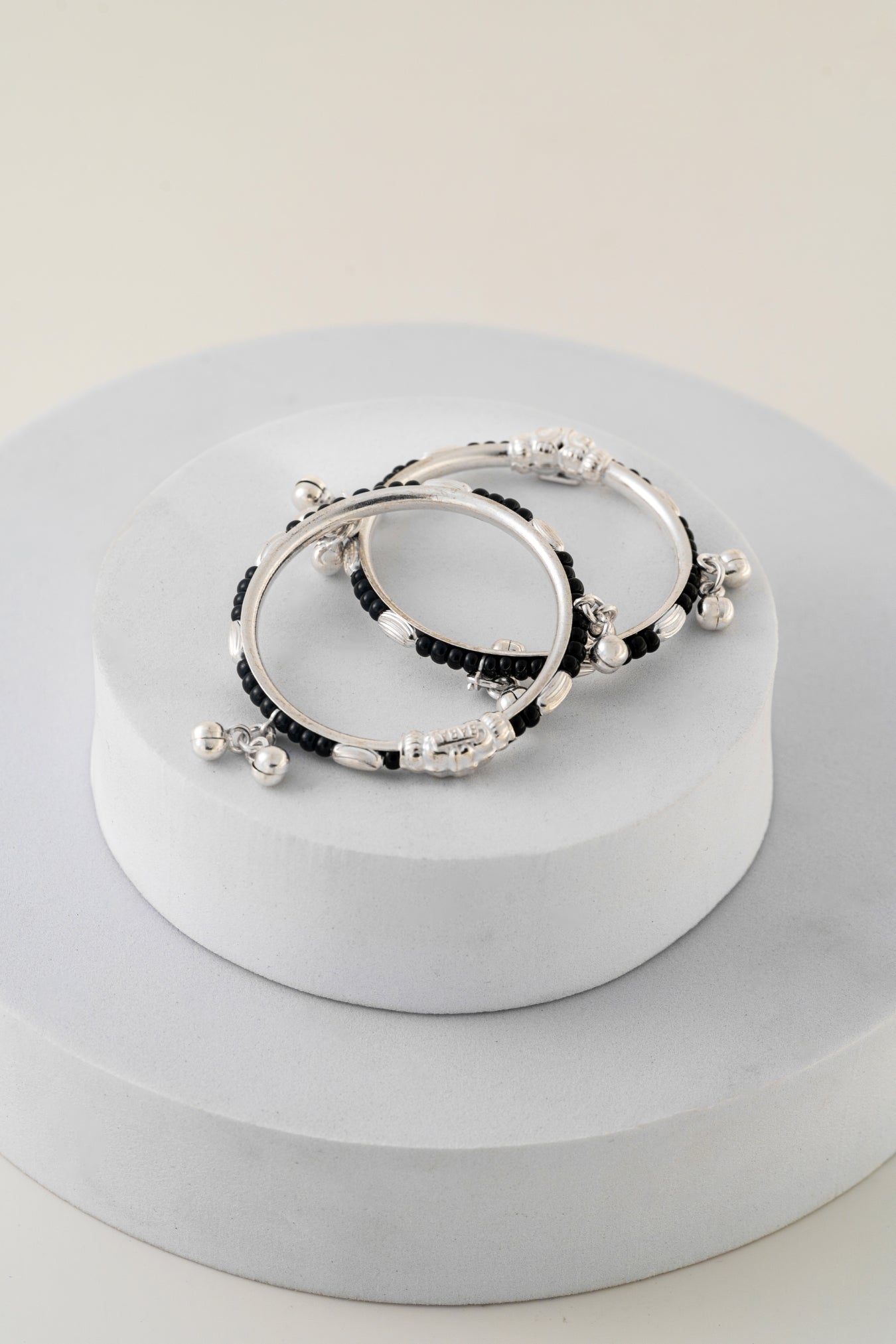 Pure 925 Silver Kids Bangles with Black Beads – 1.10 Inch
