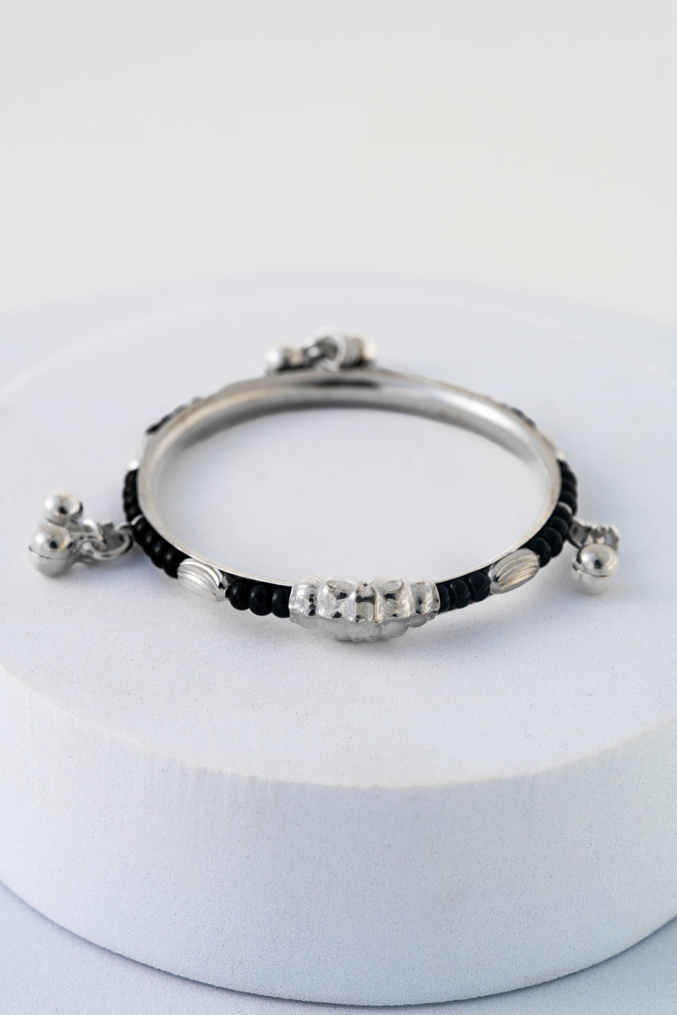 Pure 925 Silver Kids Bangles with Black Beads – 1.10 Inch