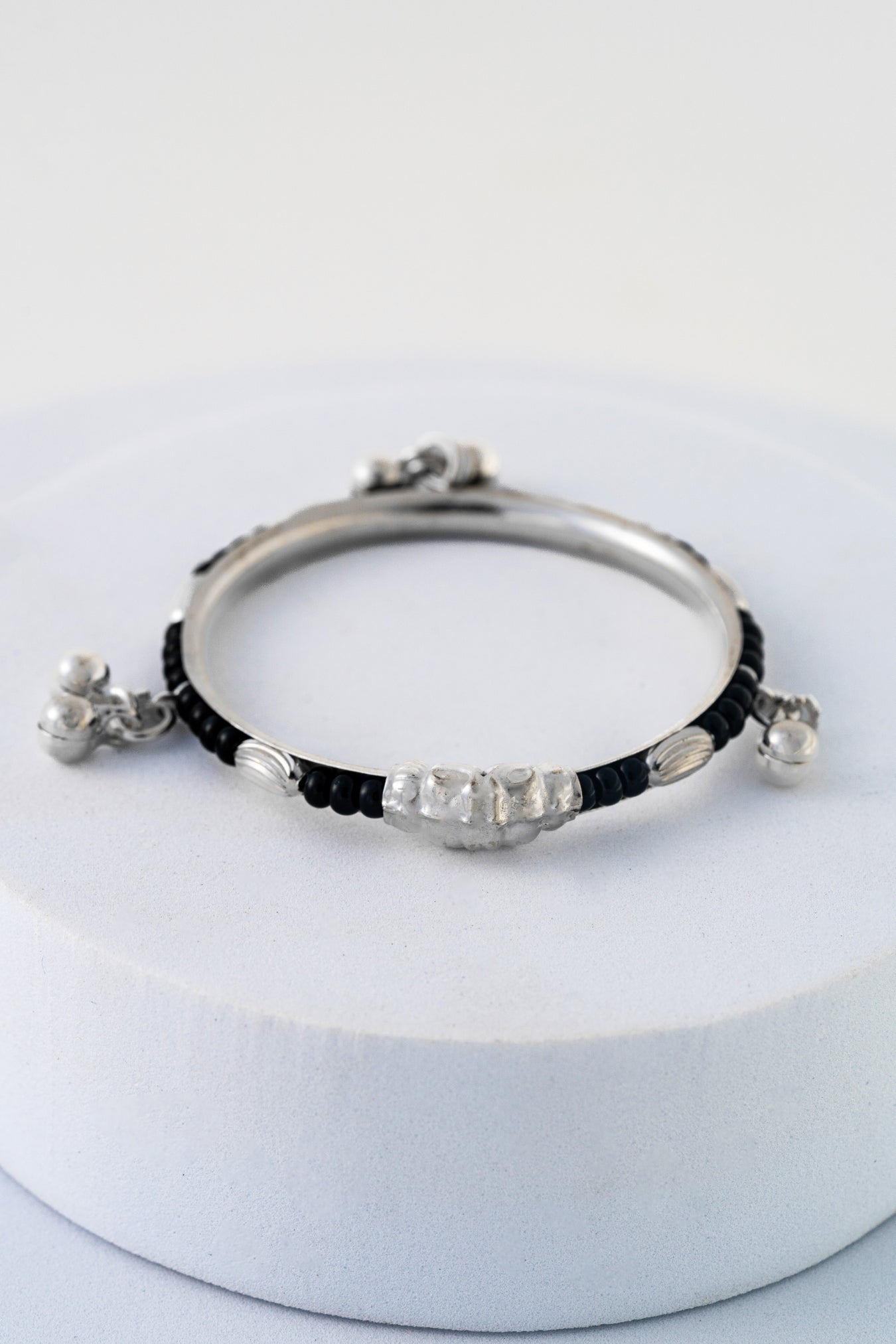 Pure 925 Silver Kids Bangles with Black Beads – 1.10 Inch