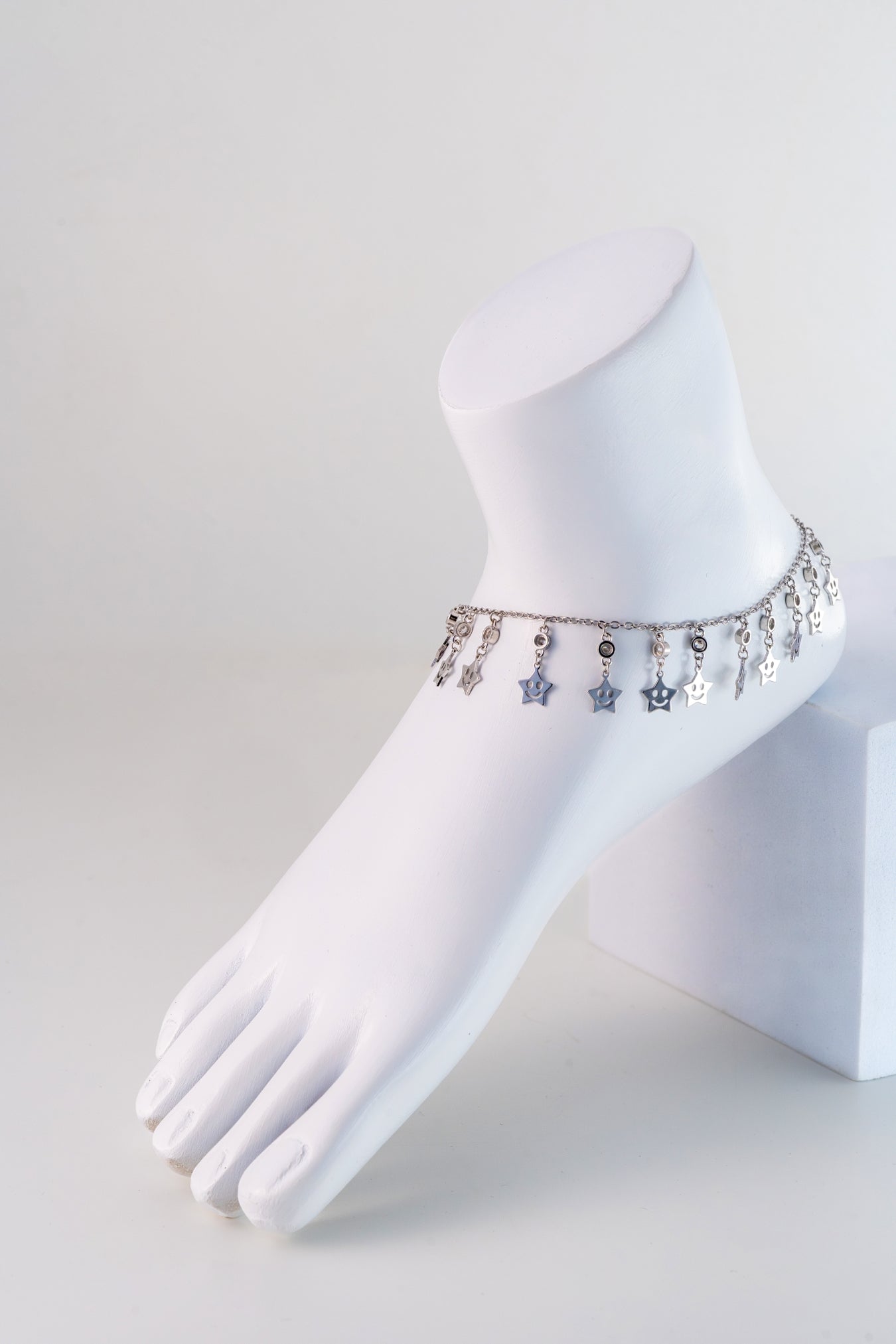 Star Charm Pure 925 Silver Anklet with Smiley Motifs (10 Inch Adjustable)