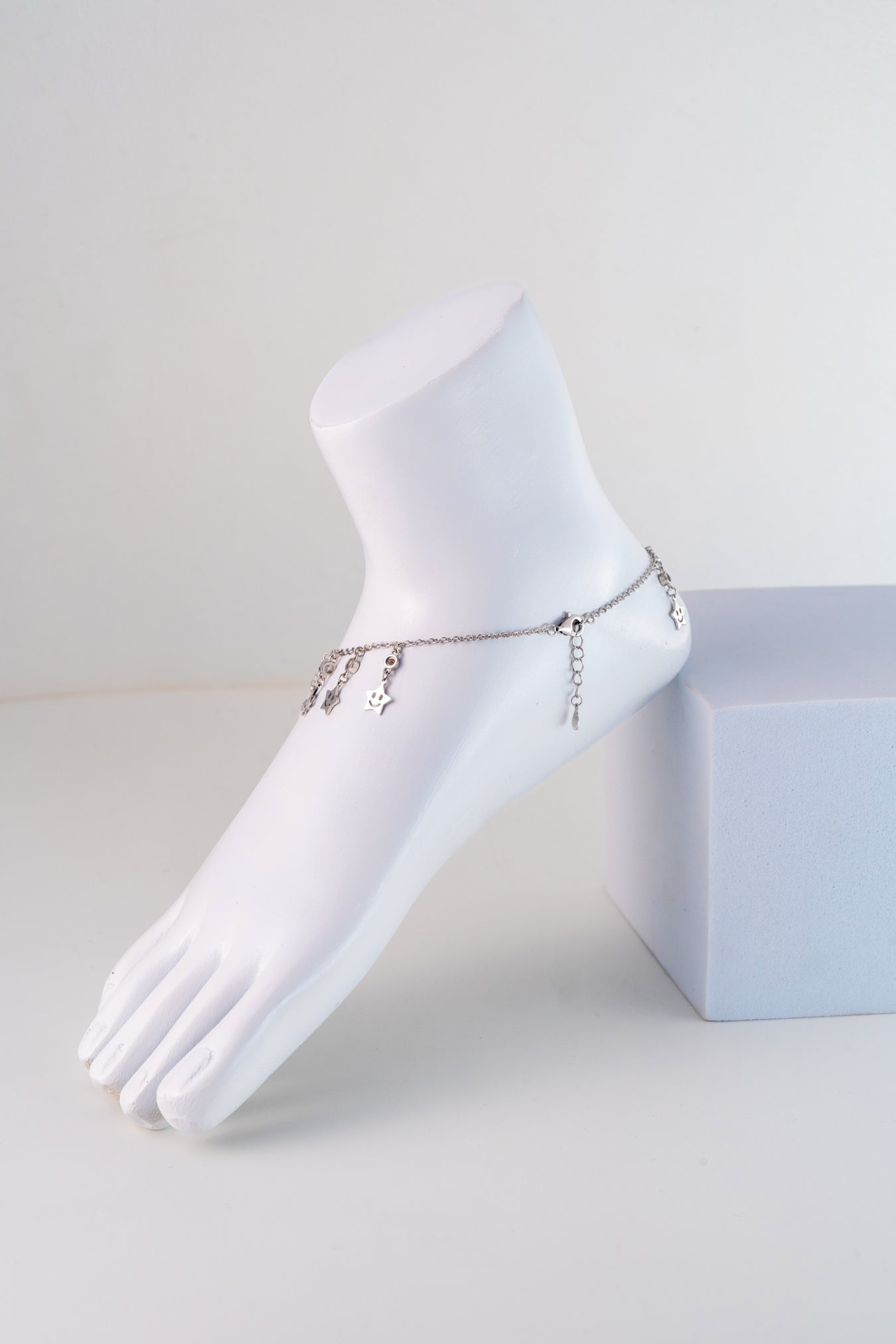 Star Charm Pure 925 Silver Anklet with Smiley Motifs (10 Inch Adjustable)