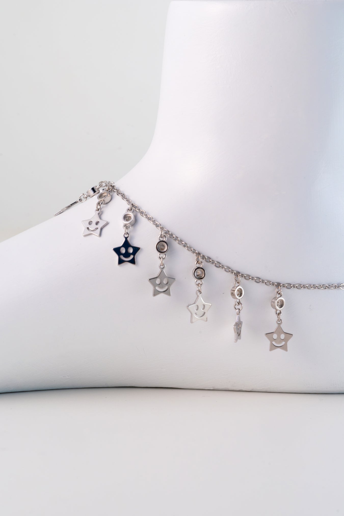 Star Charm Pure 925 Silver Anklet with Smiley Motifs (10 Inch Adjustable)