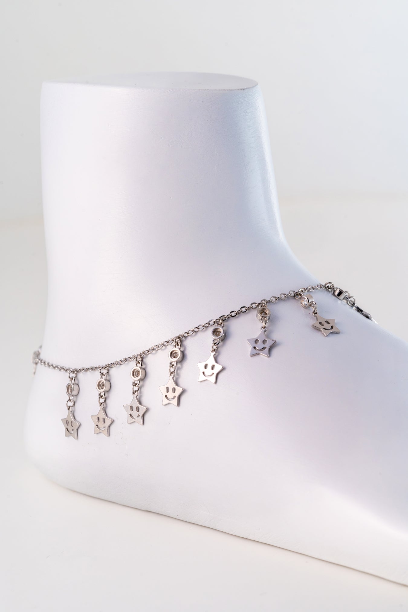 Star Charm Pure 925 Silver Anklet with Smiley Motifs (10 Inch Adjustable)
