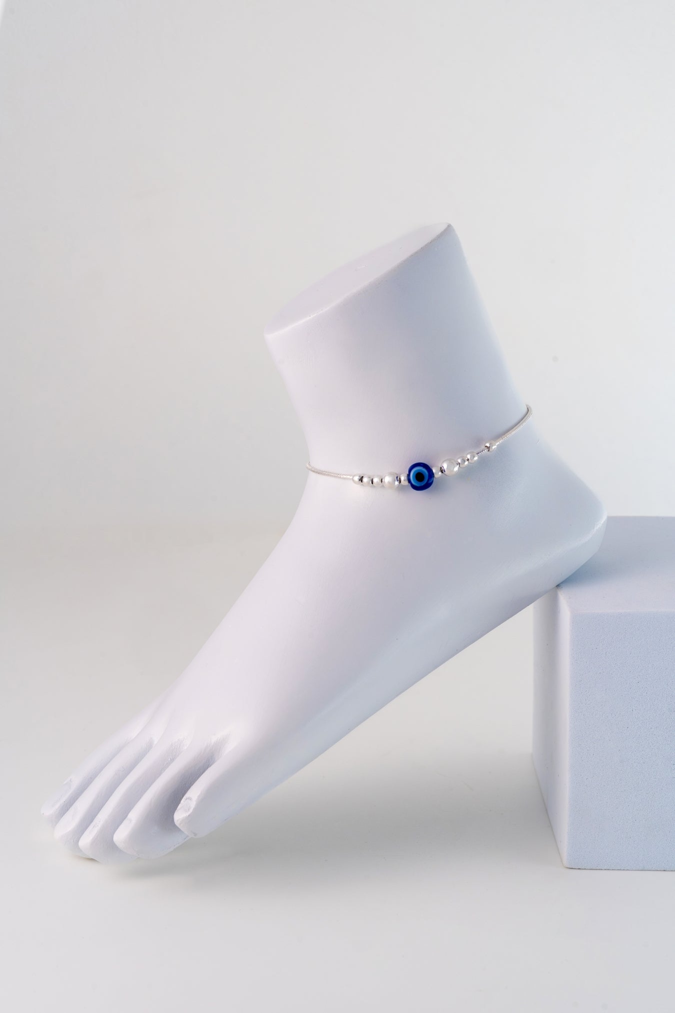 Pure 925 Silver Evil Eye Beaded Anklet (Free Size)
