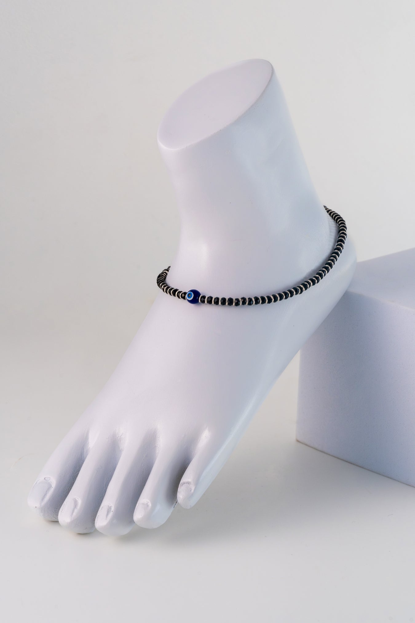 Traditional Black Beaded Pure 925 Silver Anklet (Free Size)