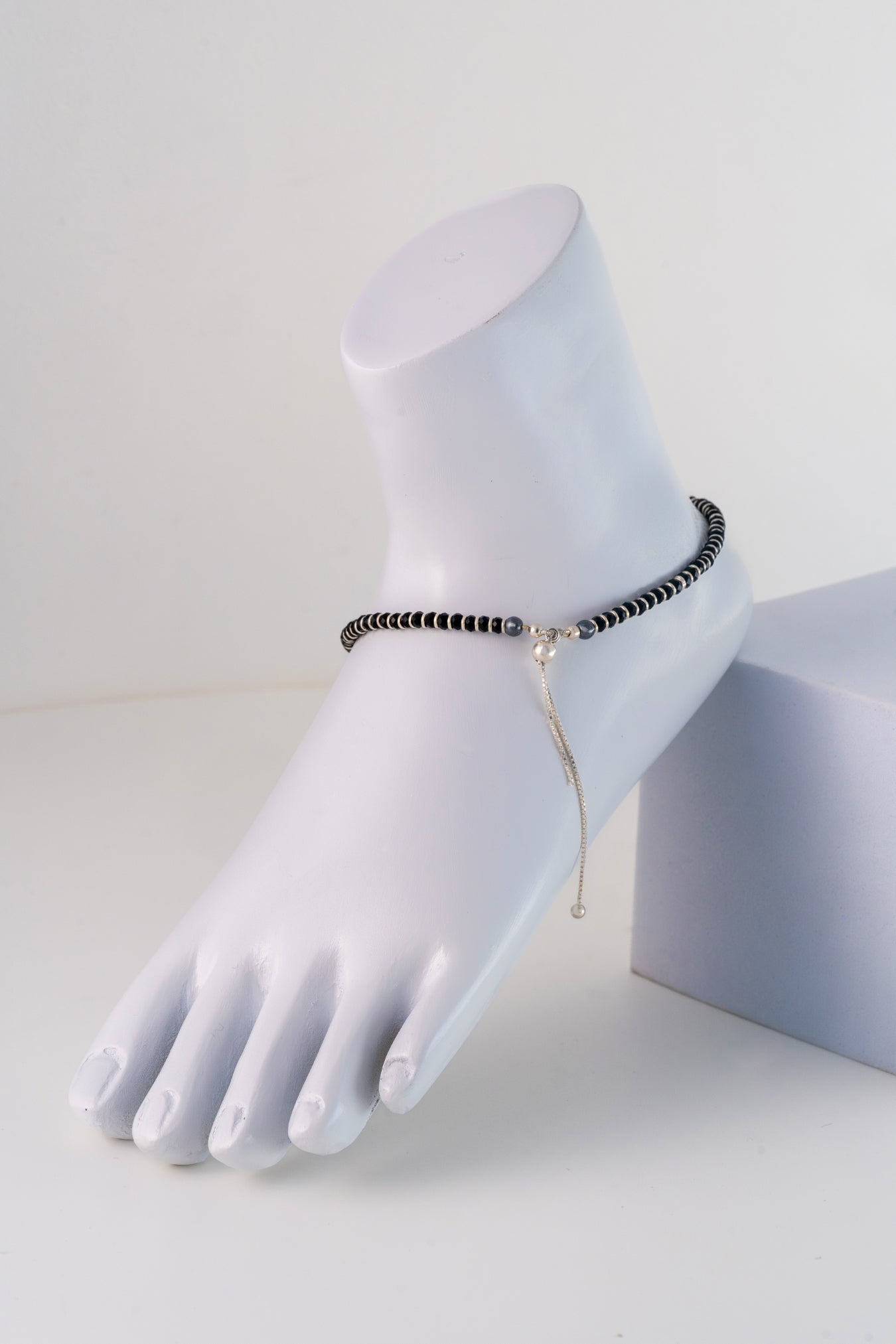 Authentic Black Beaded Pure 925 Silver Anklet (Free Size)