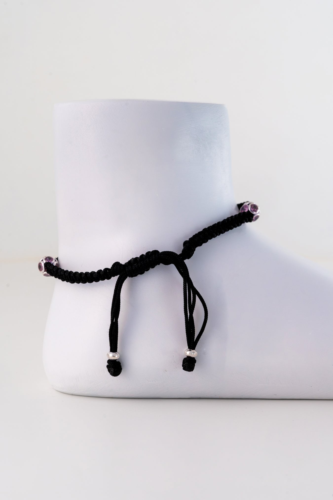 Black Thread Anklet with Pure 925 Silver Bead Accents (Free Size)