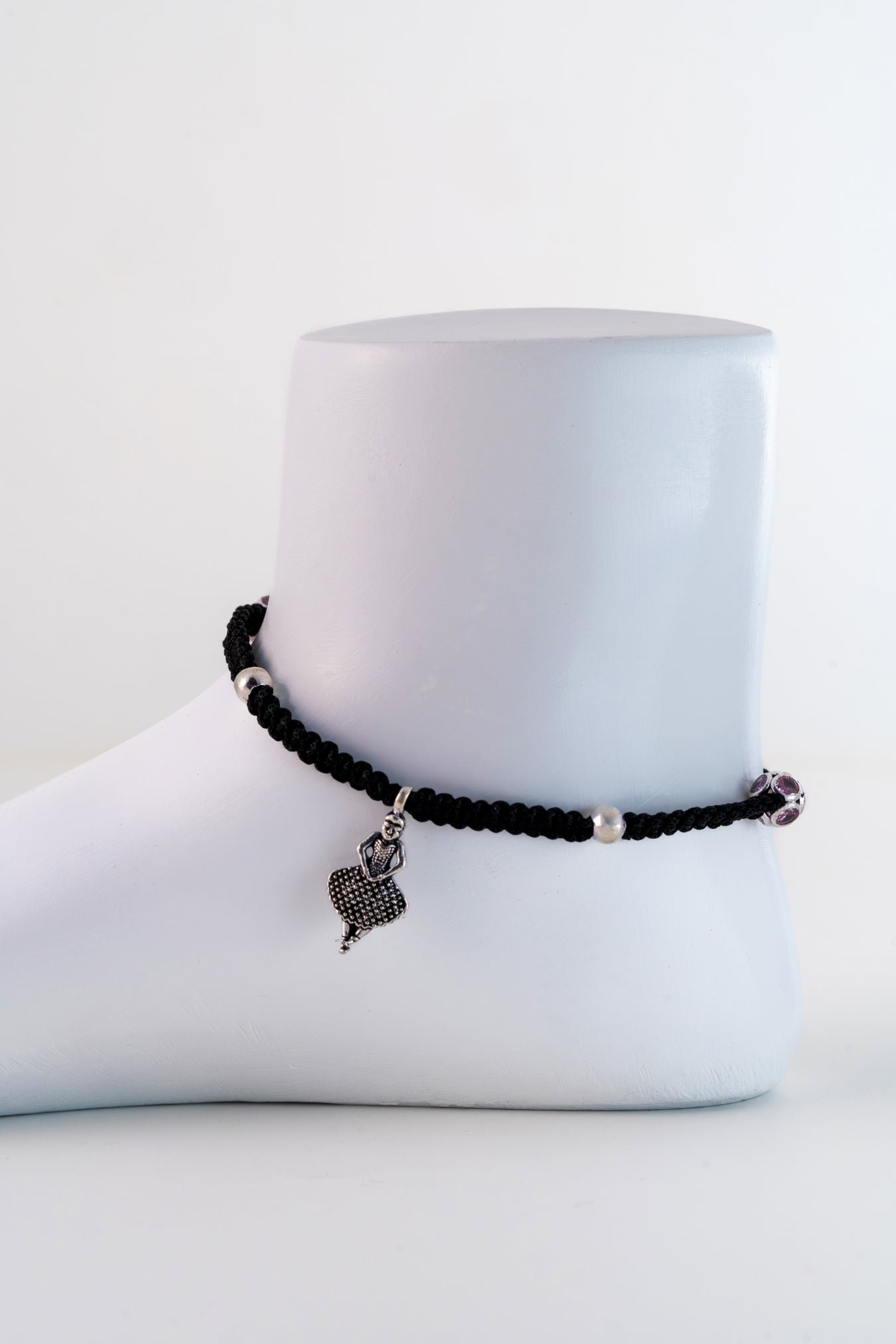 Black Thread Anklet with Pure 925 Silver Bead Accents (Free Size)