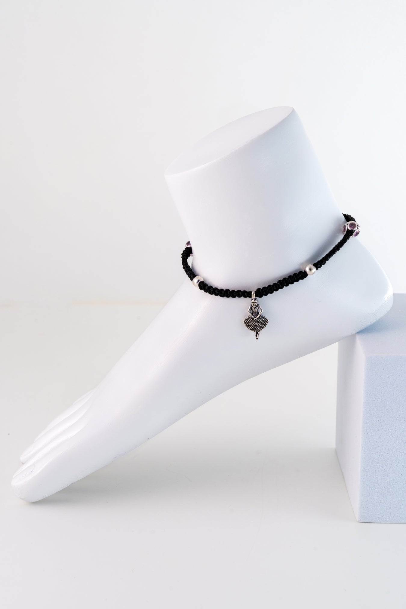 Black Thread Anklet with Pure 925 Silver Bead Accents (Free Size)