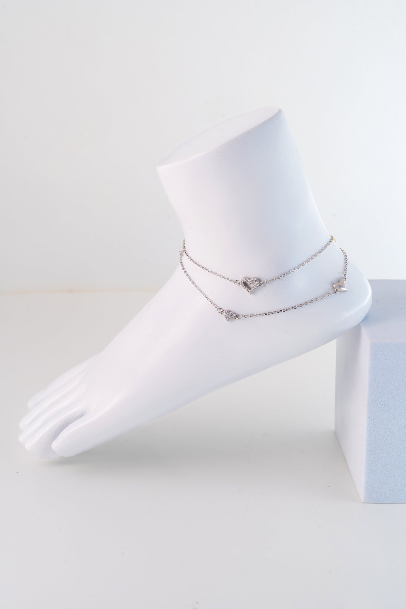 Layered Pure 925 Silver Heart Charm Anklet (10 Inch Adjustable)