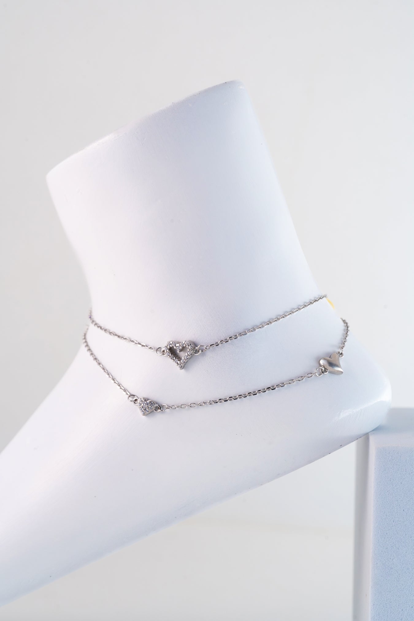 Layered Pure 925 Silver Heart Charm Anklet (10 Inch Adjustable)