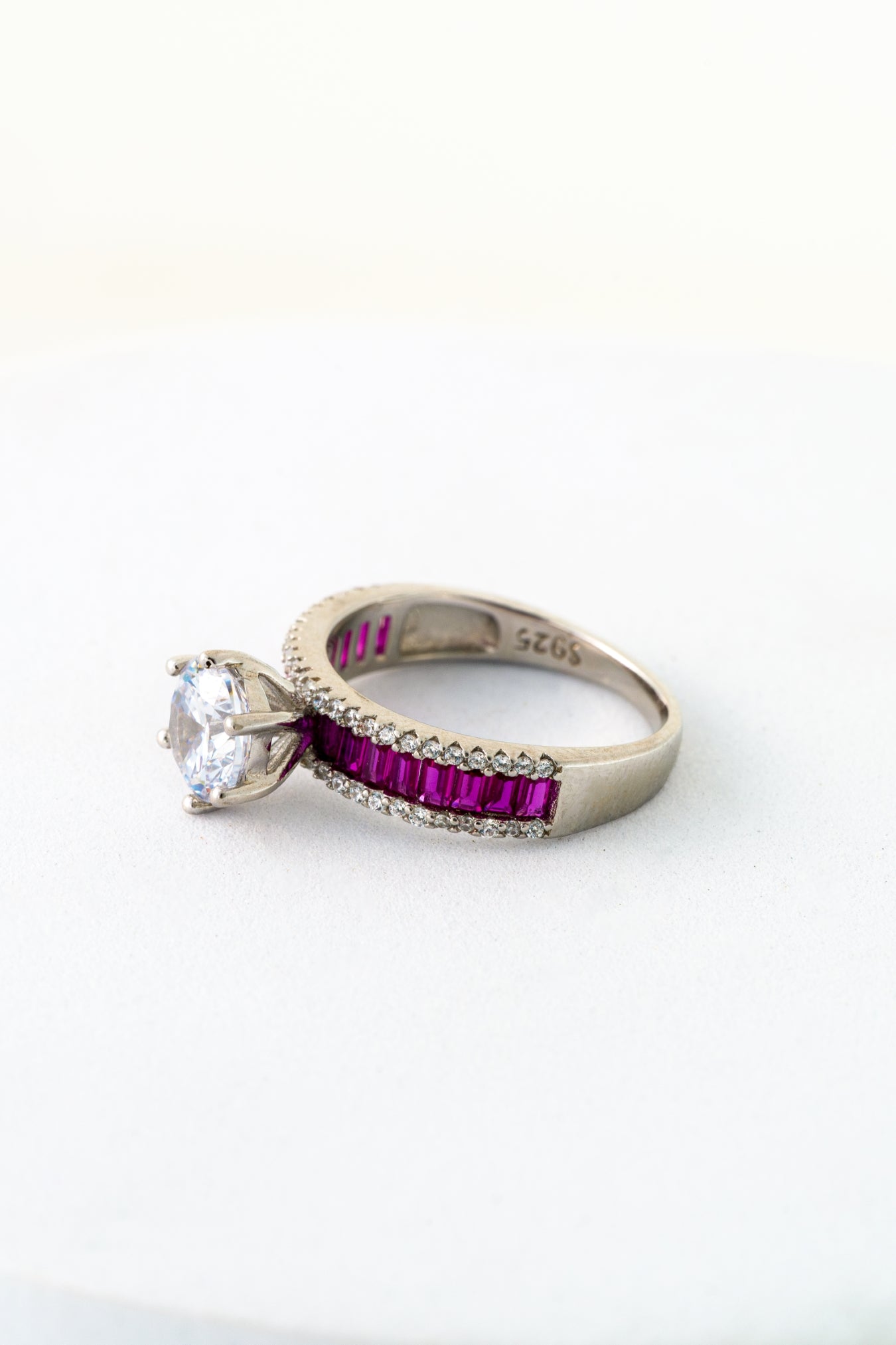 Pure 925 Silver Ruby Accent Solitaire Ring with Brilliant Round Center Stone – Size 12
