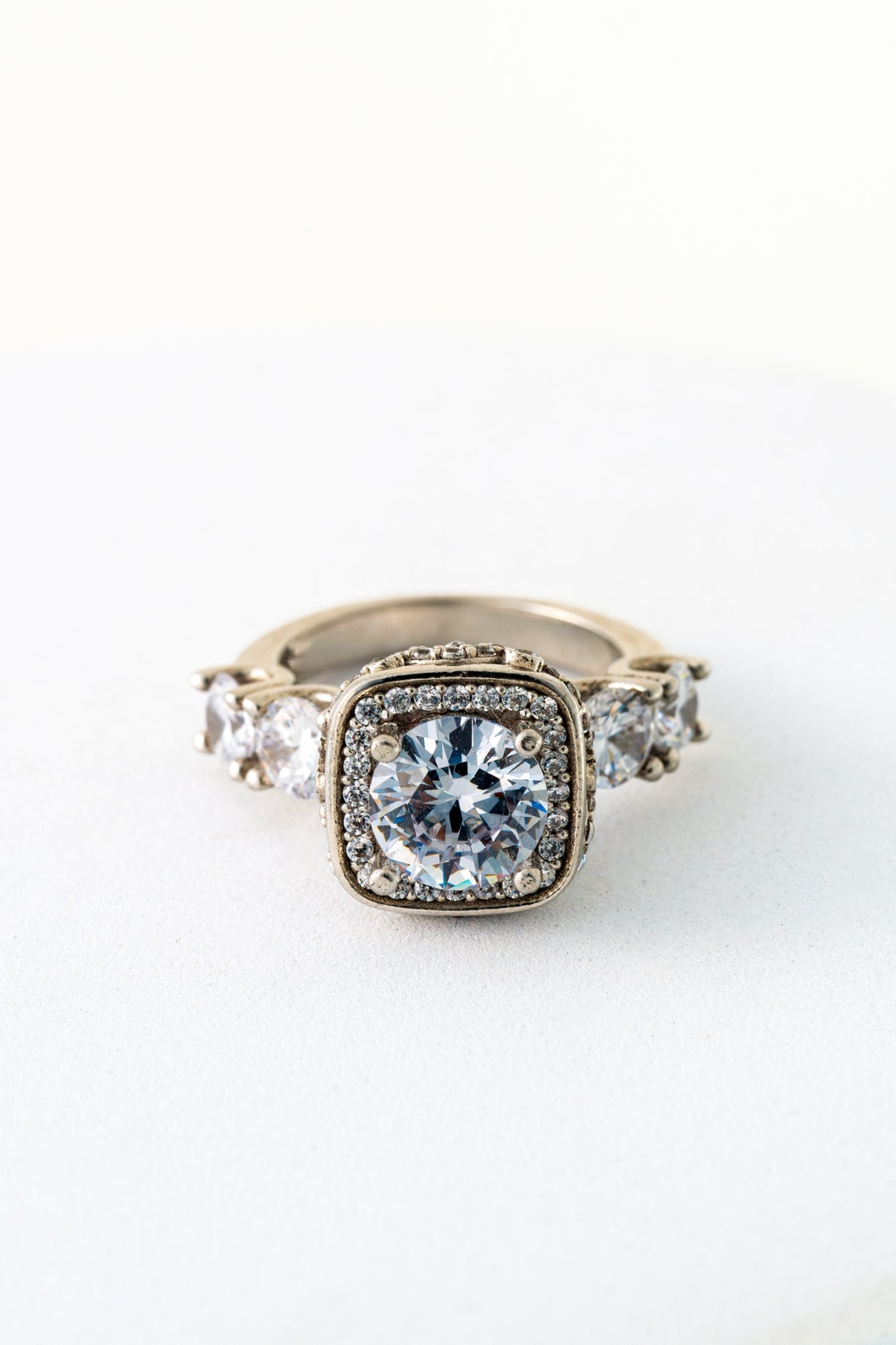 Pure 925 Silver Cushion Halo Five-Stone Engagement Ring – Size 12