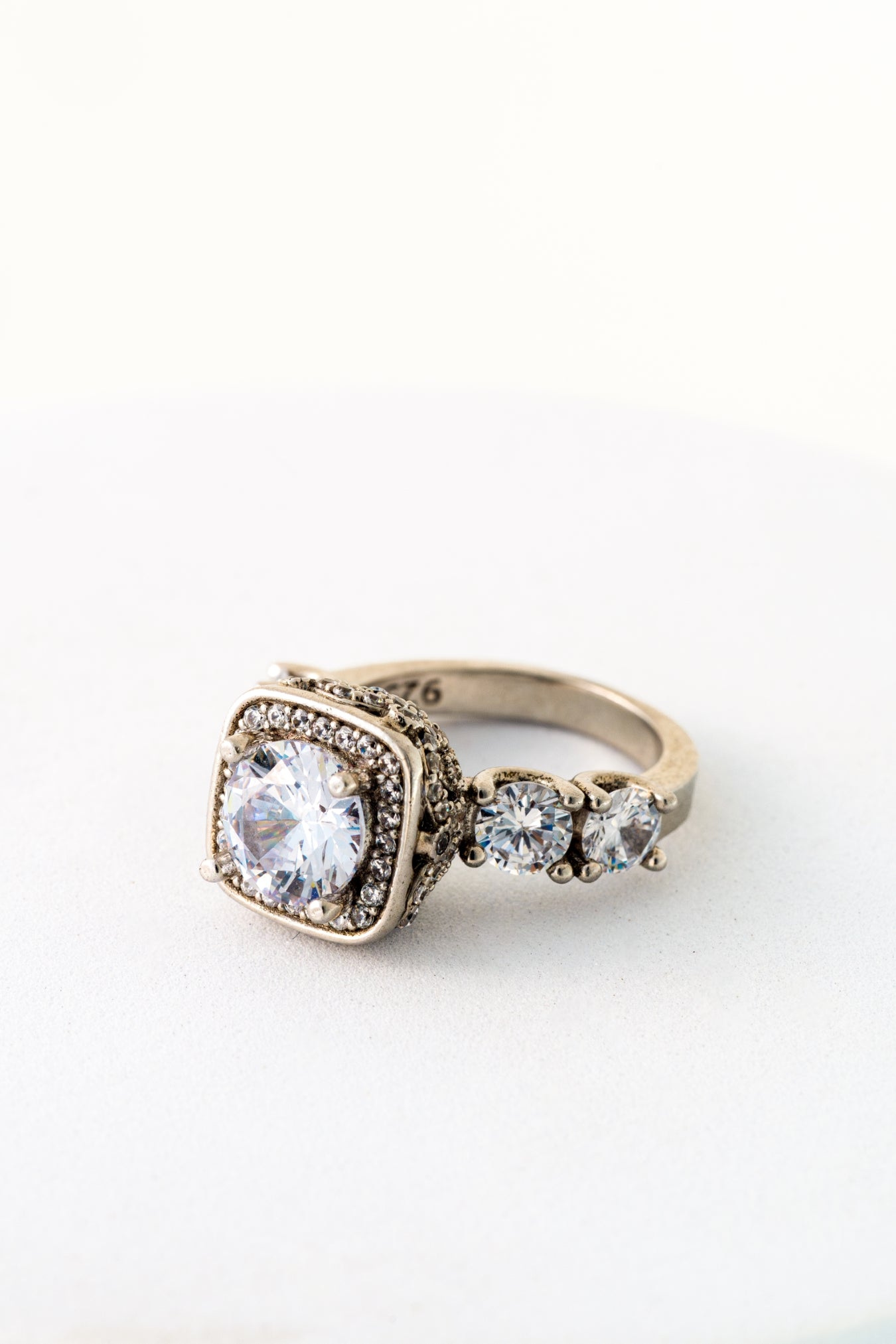 Pure 925 Silver Cushion Halo Five-Stone Engagement Ring – Size 12