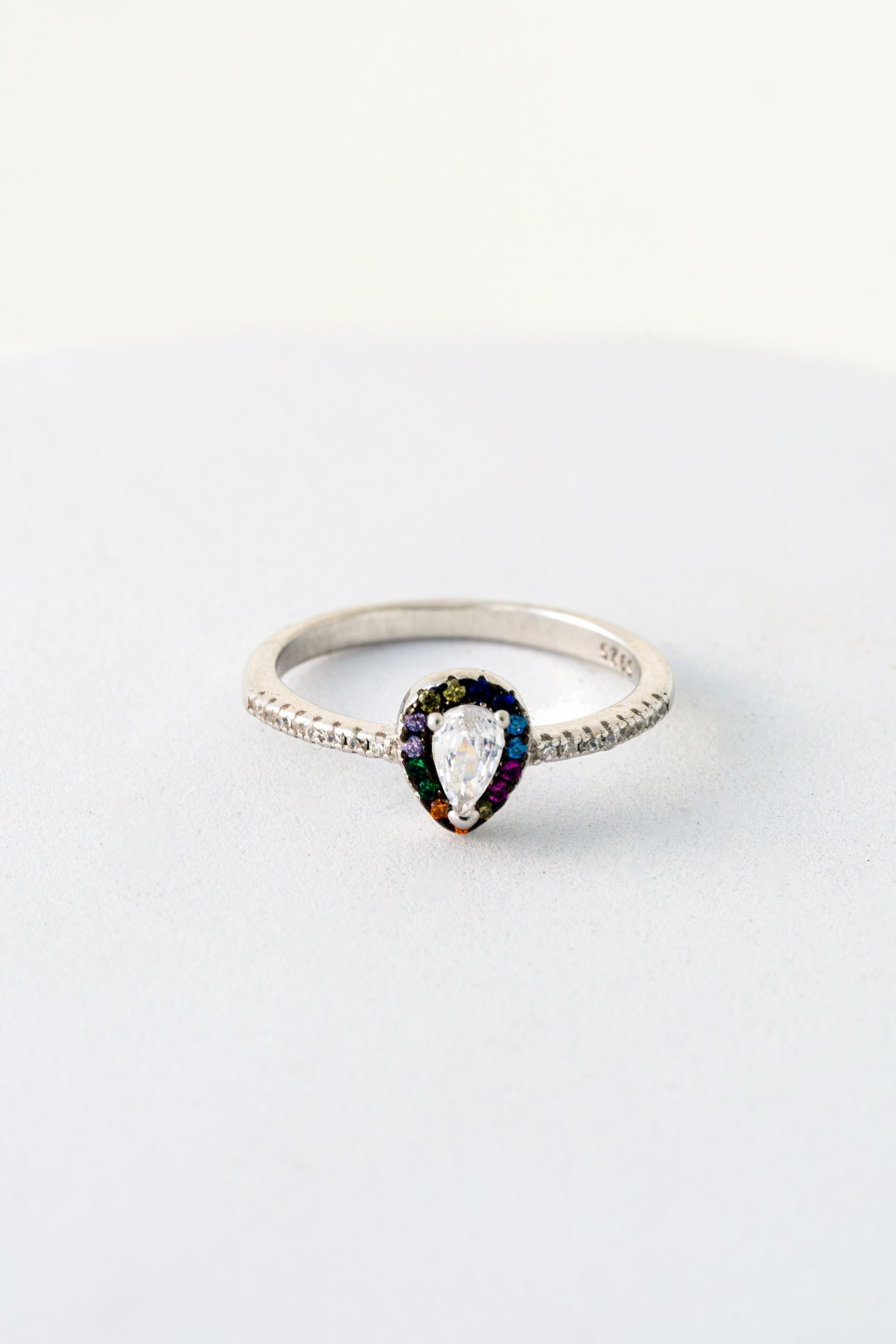 Pure 925 Silver Rainbow Halo Teardrop Ring with White Center Stone – Size 9