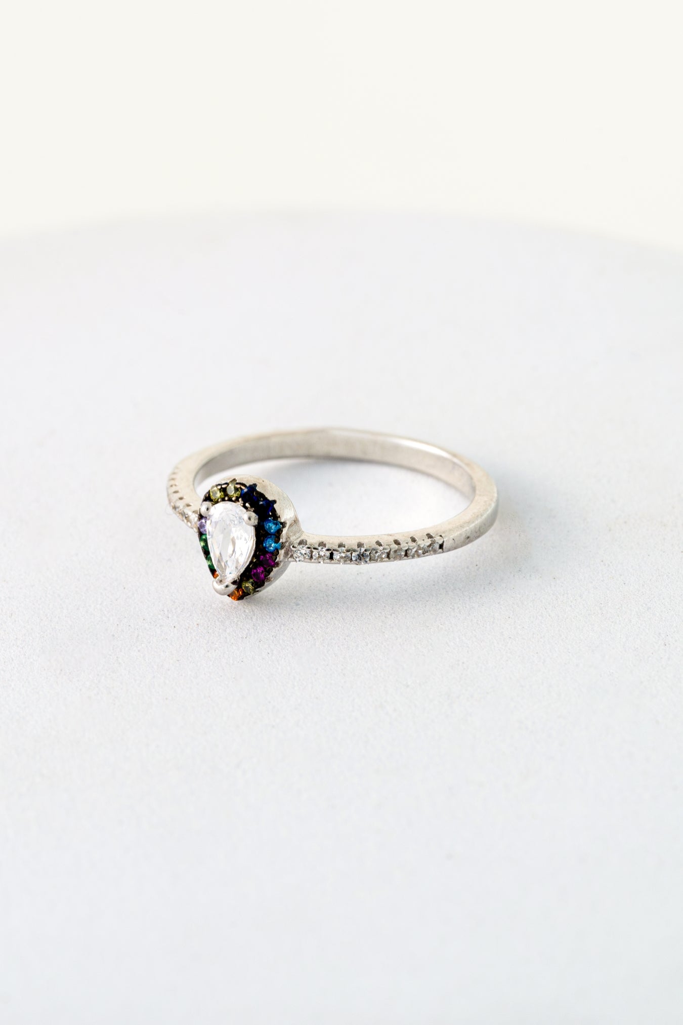 Pure 925 Silver Rainbow Halo Teardrop Ring with White Center Stone – Size 9