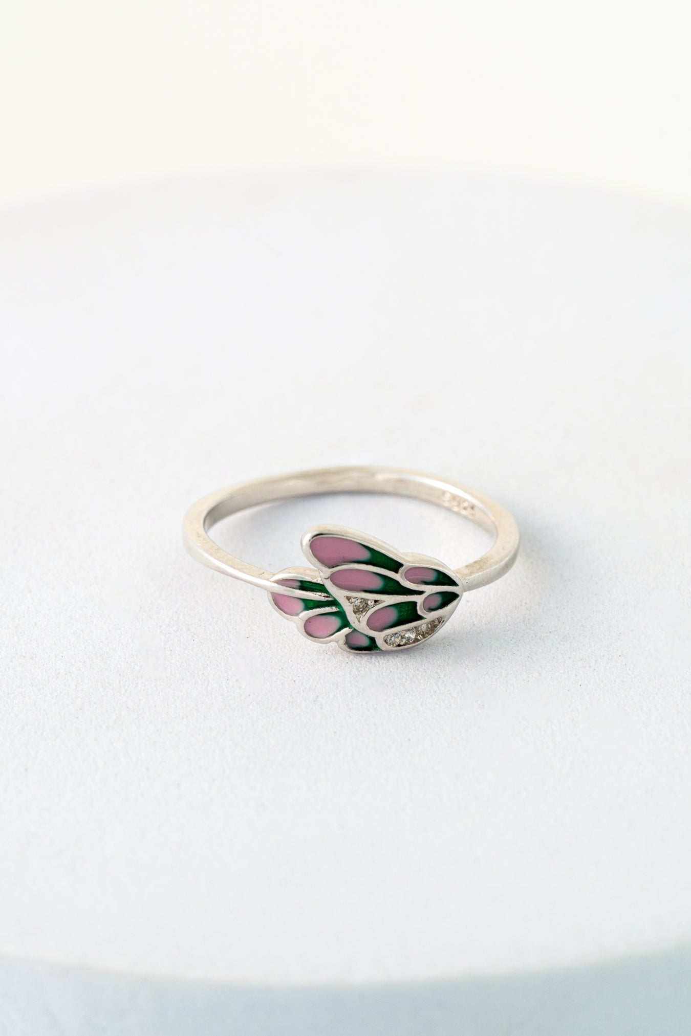 Pure 925 Silver Pink & Green Enamel Butterfly Ring with Crystal Accents – Size 10