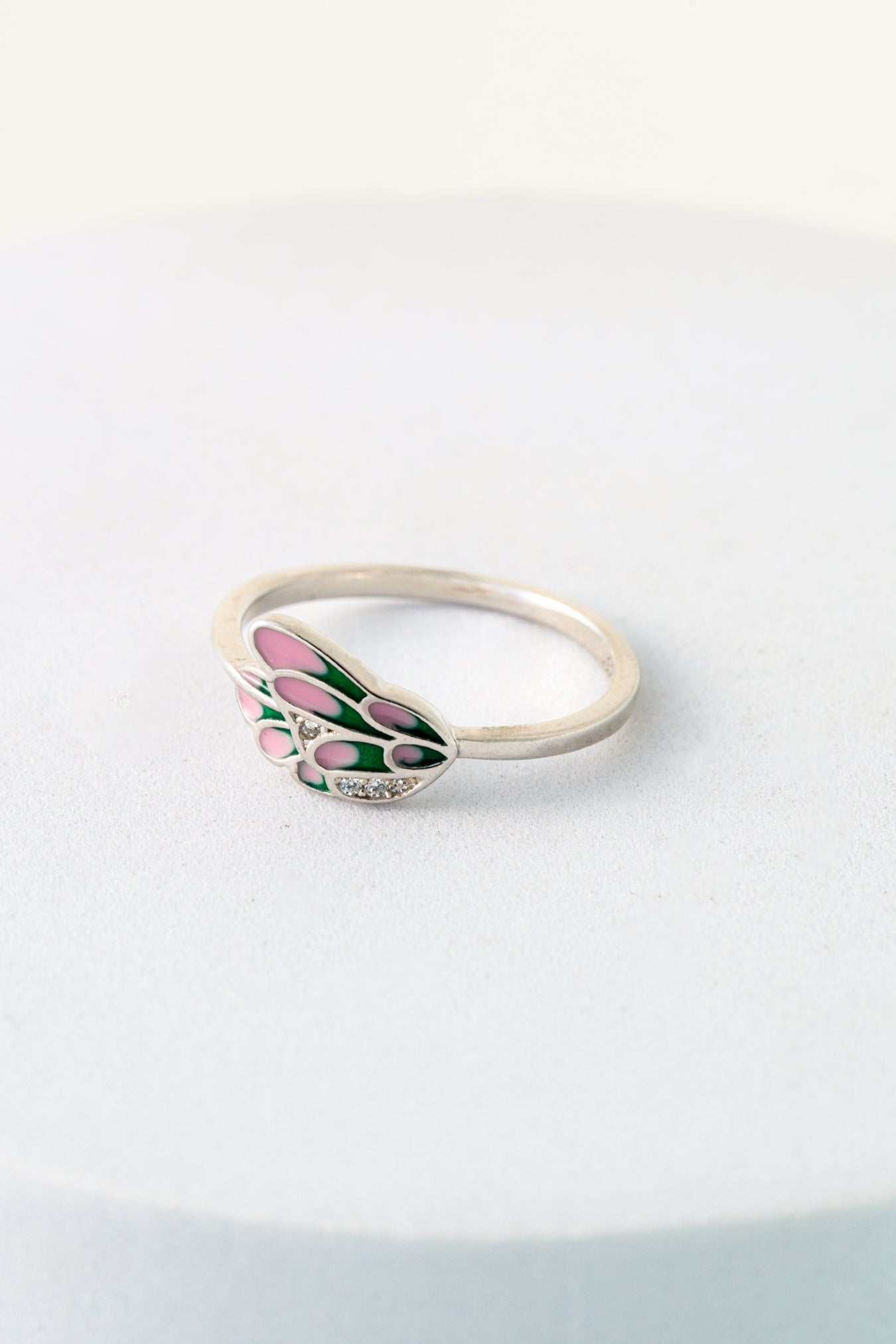 Pure 925 Silver Pink & Green Enamel Butterfly Ring with Crystal Accents – Size 10