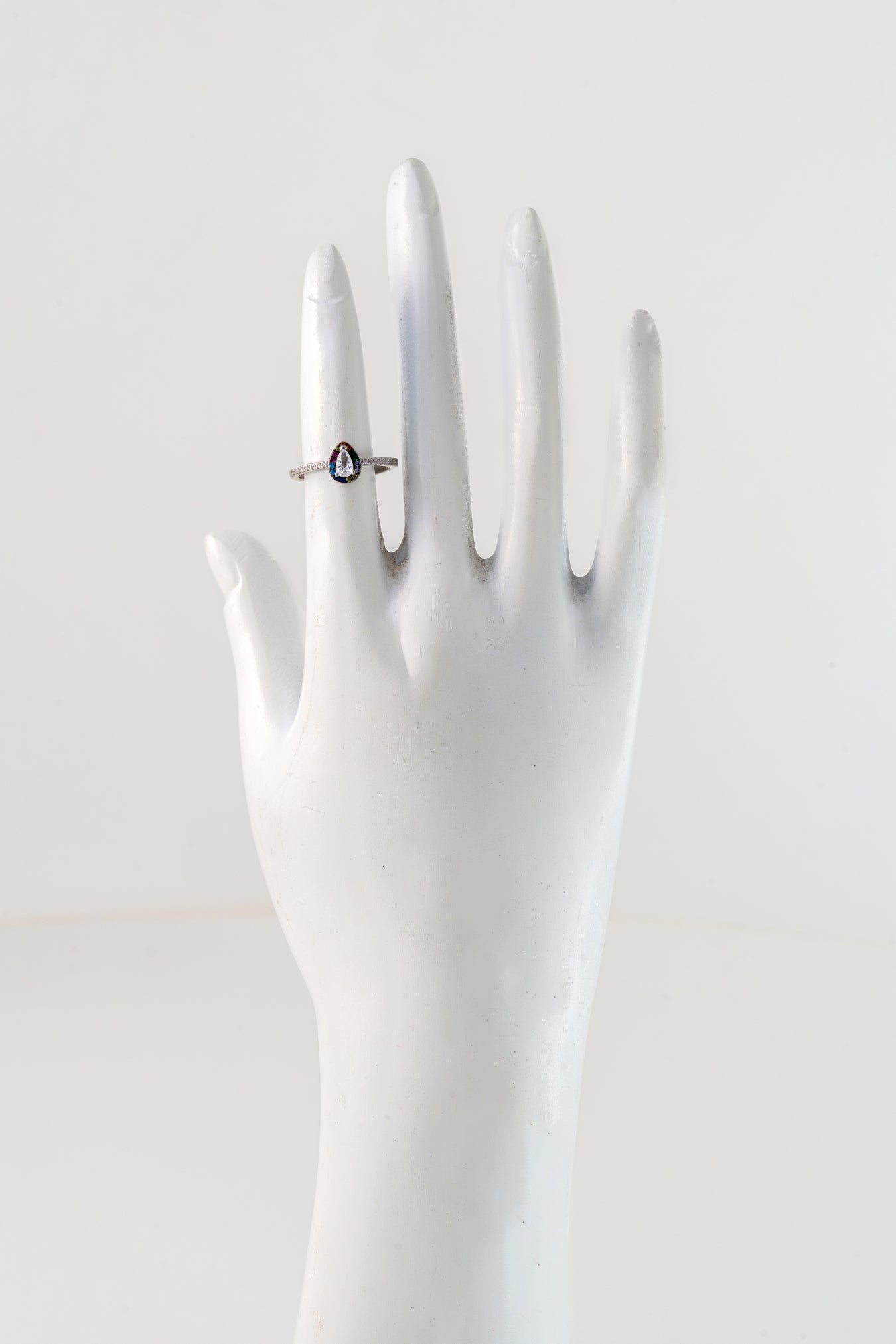 Pure 925 Silver Rainbow Halo Teardrop Ring with White Center Stone – Size 9