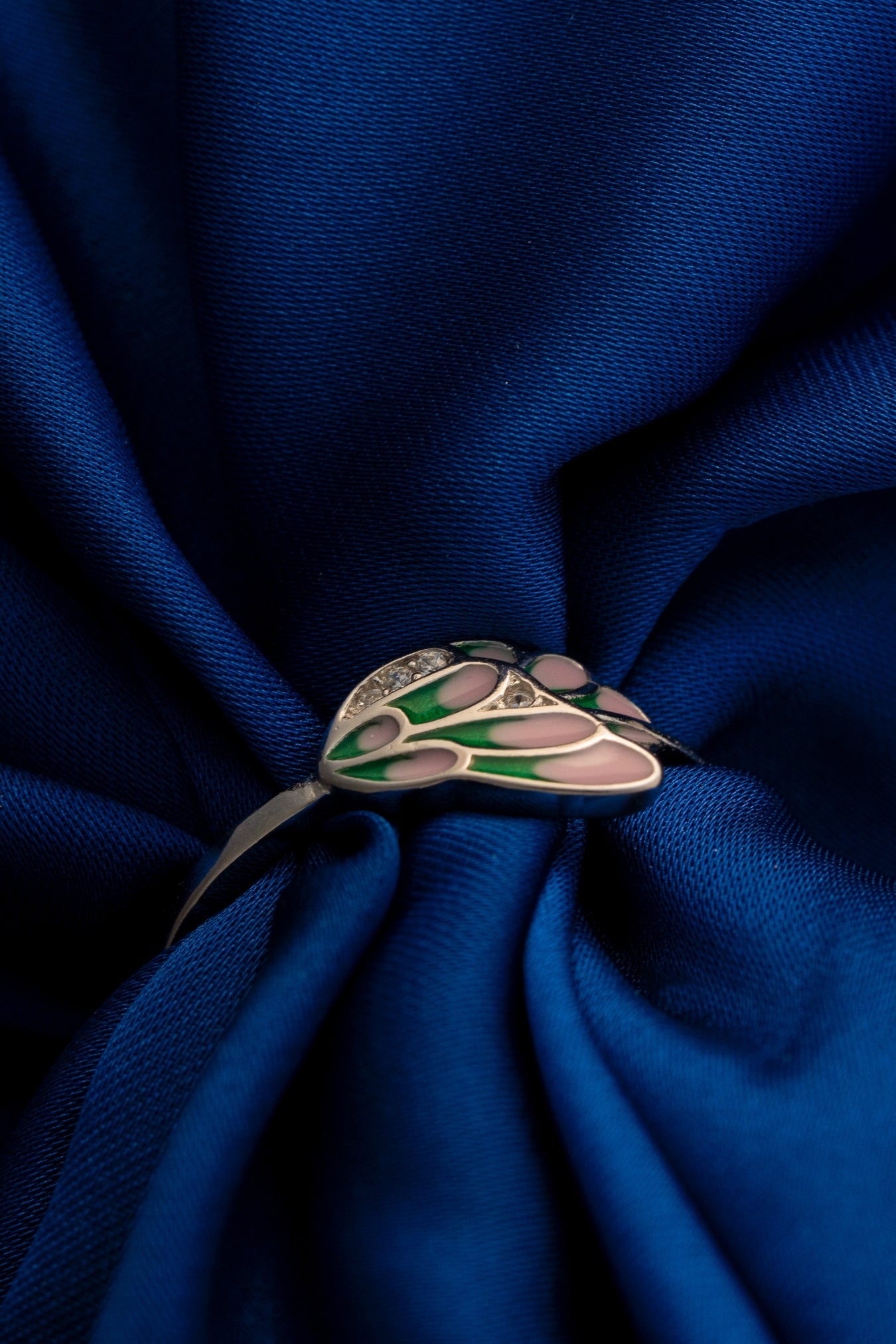 Pure 925 Silver Pink & Green Enamel Butterfly Ring with Crystal Accents – Size 10