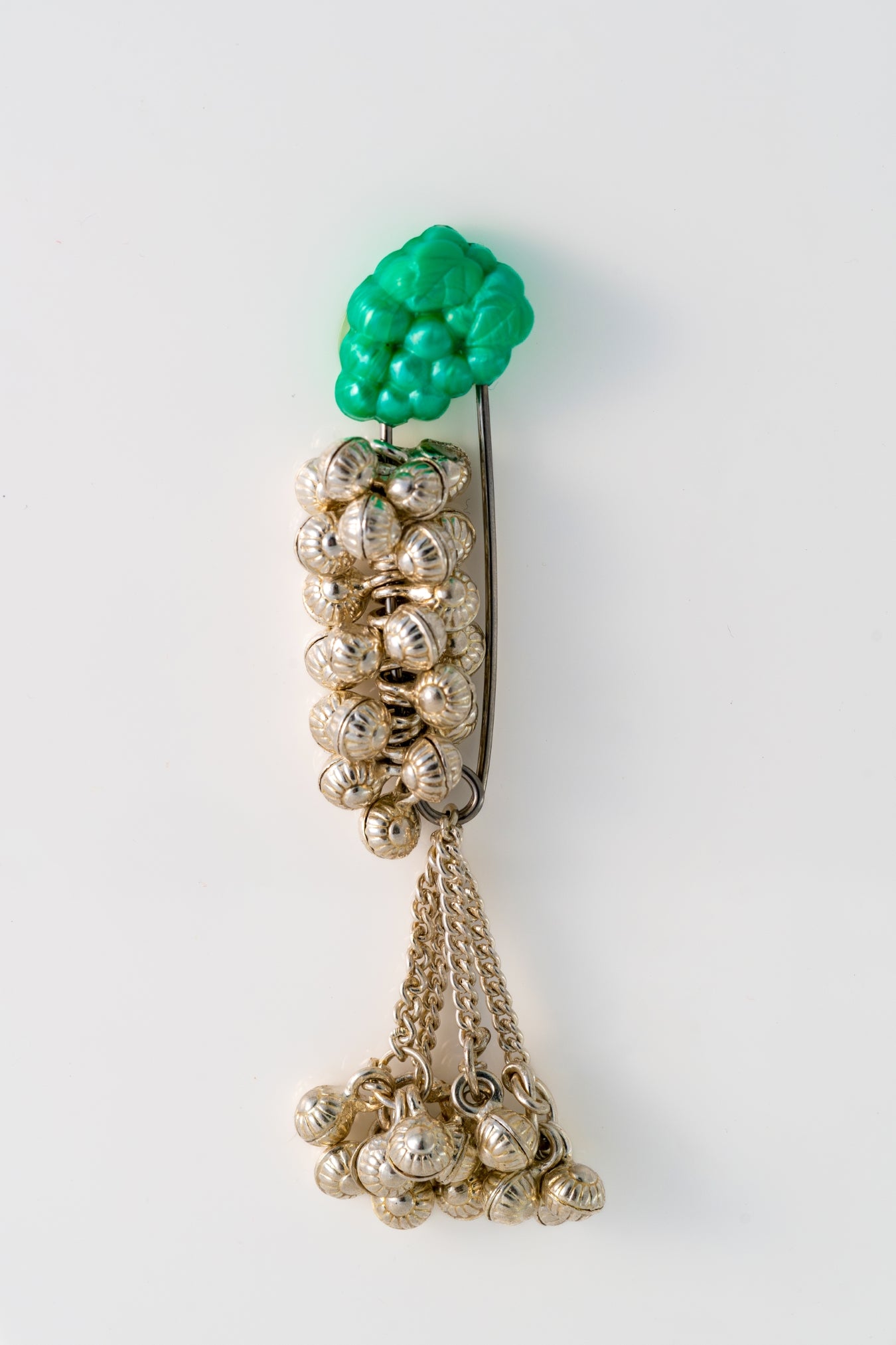 Pure 925 Silver Ghungroo Cluster Brooch Pin with Green Floral Accent – 55mm × 10mm