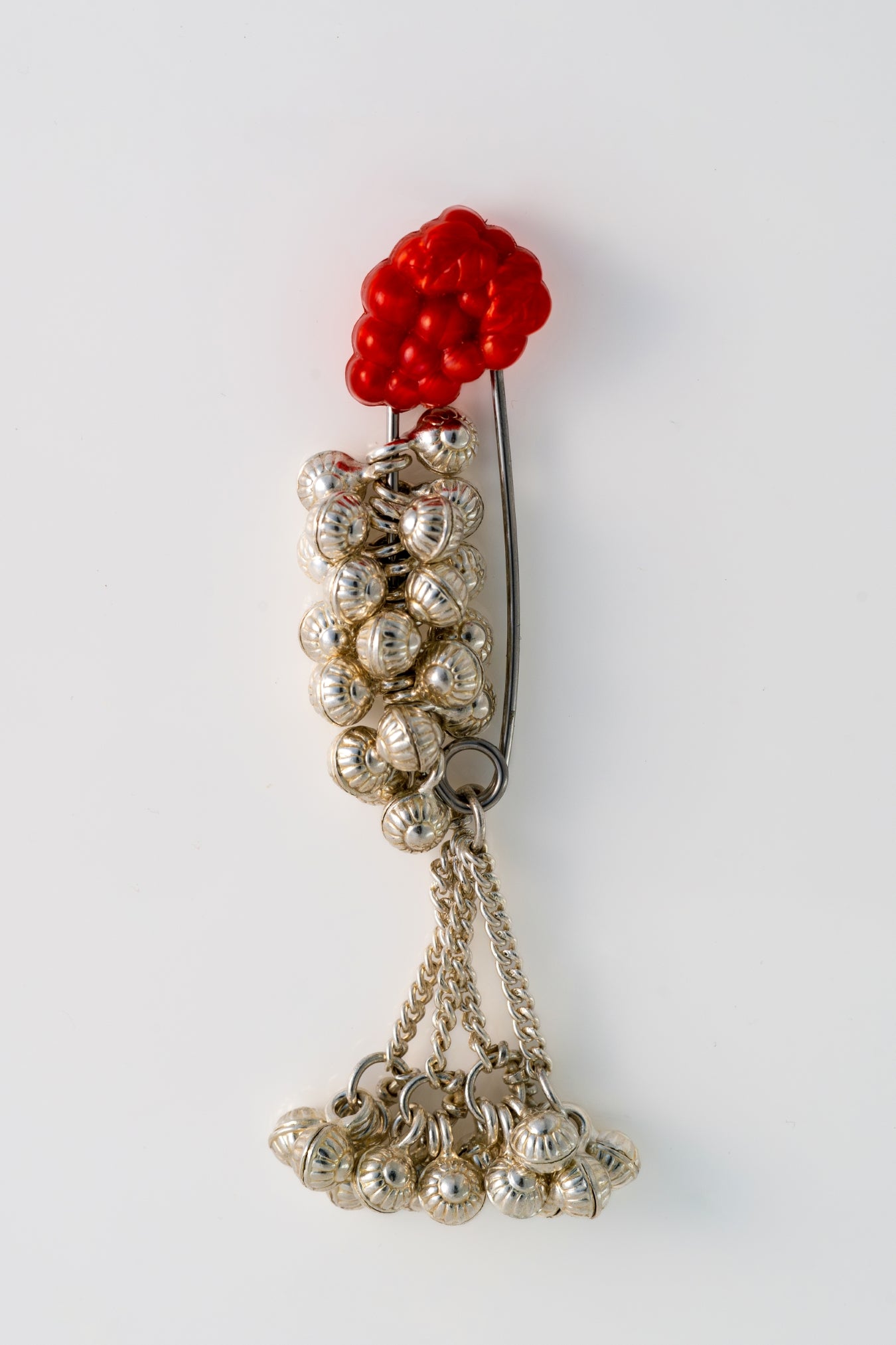 Pure 925 Silver Ghungroo Pin Brooch with Red Floral Accent – 55mm