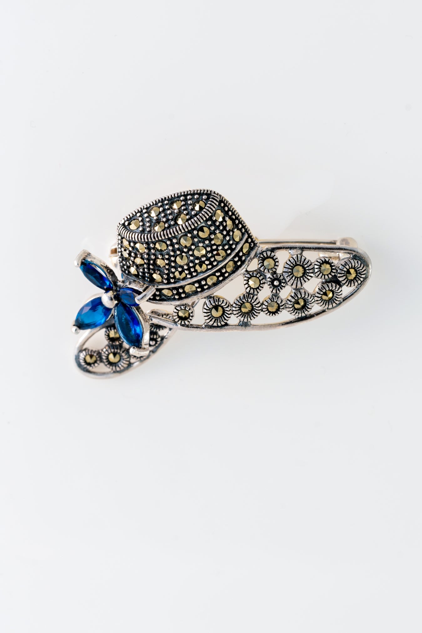 Pure 925 Silver Vintage Hat Design Brooch with Blue Flower – 16mm x 44mm