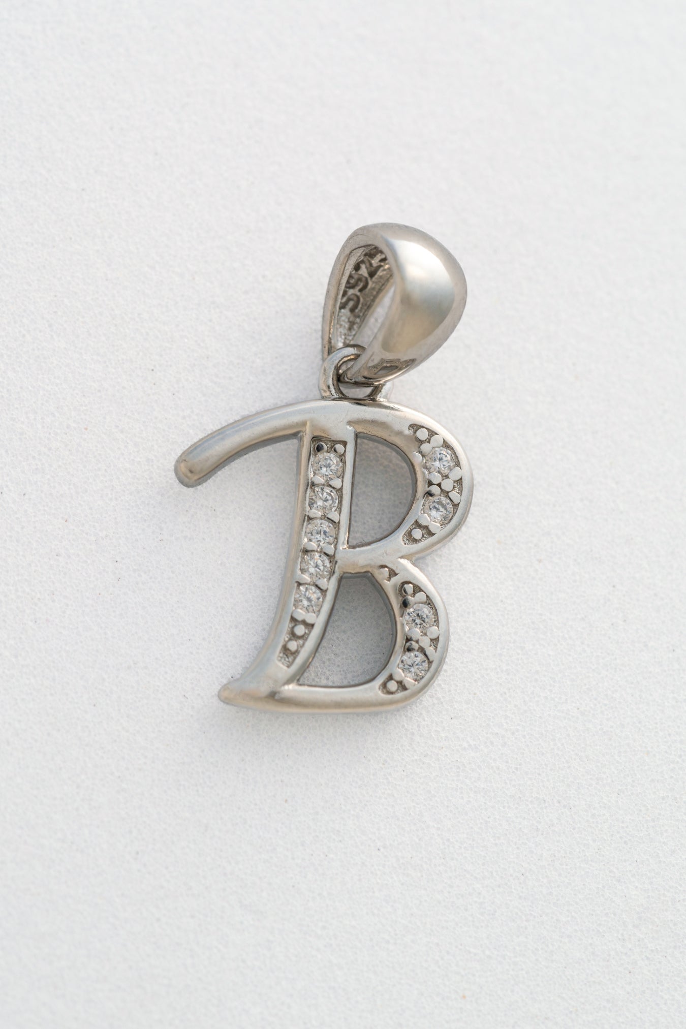 Pure 925 Silver Alphabet “B” Initial Pendant with Stone Accents – 20mm × 9mm