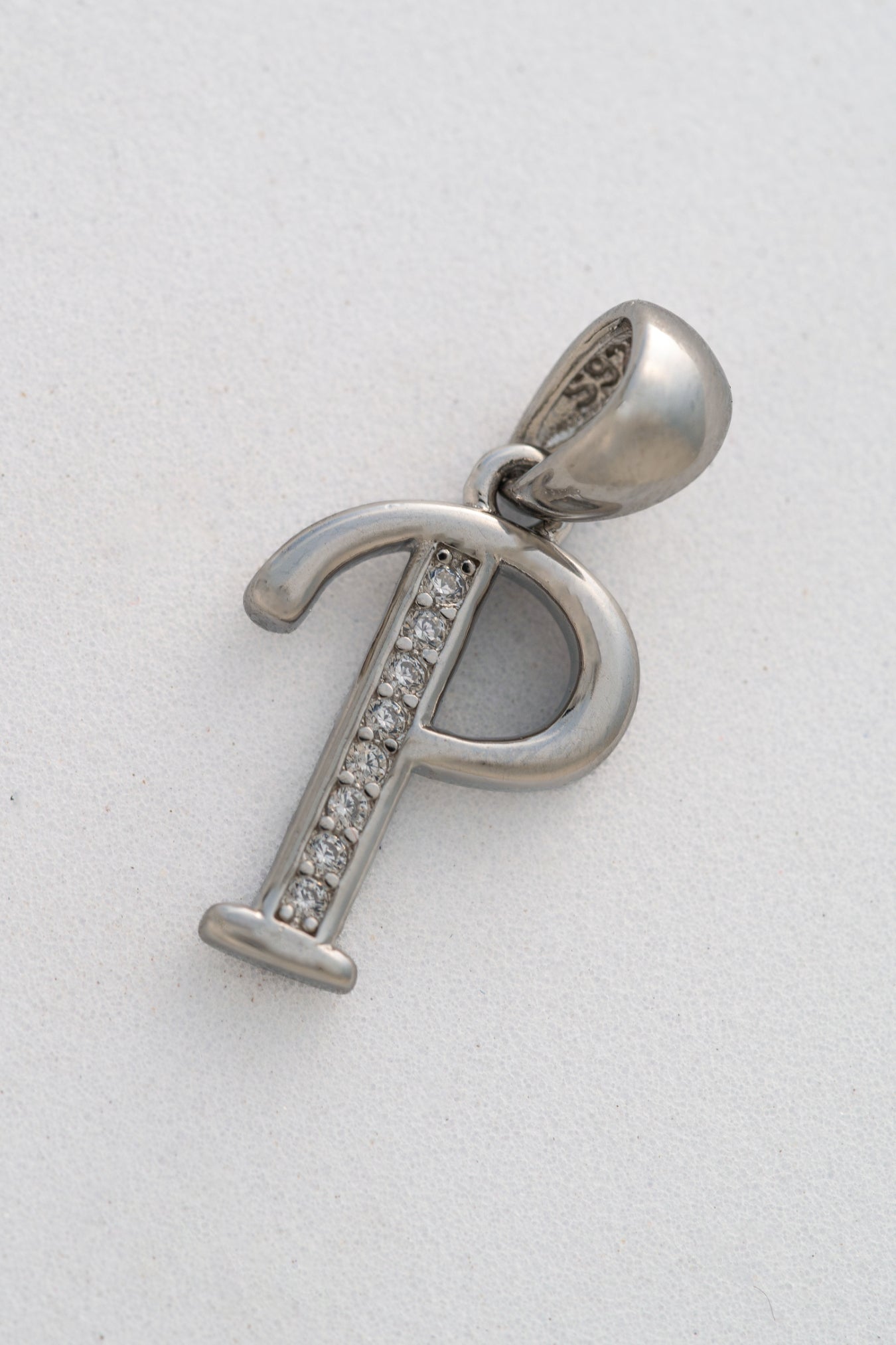 Pure 925 Silver Alphabet “P” Initial Pendant with Stone Accents – 20mm × 11mm