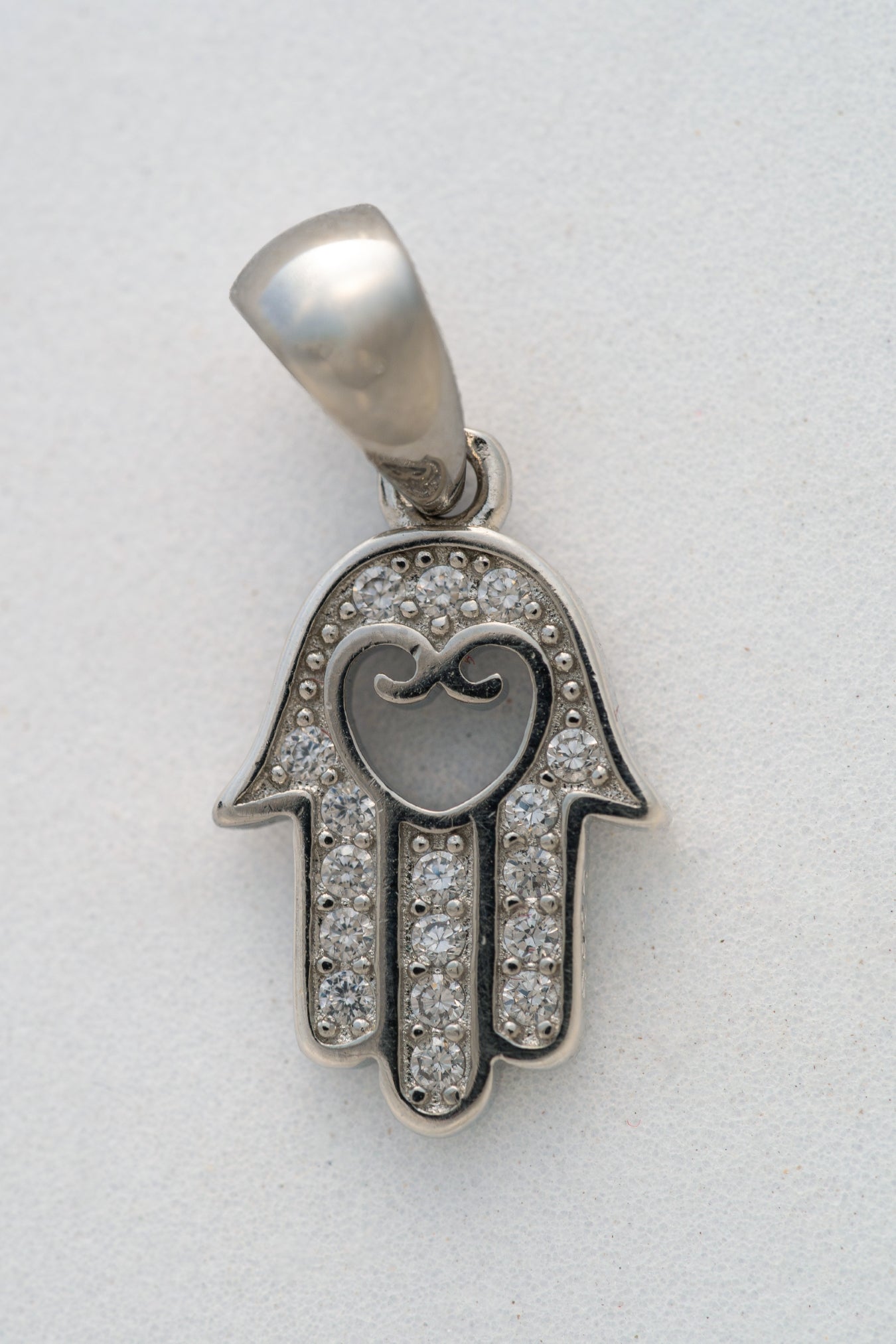 Pure 925 Silver Hamsa Hand Pendant with Stone Accents – 20mm × 10mm
