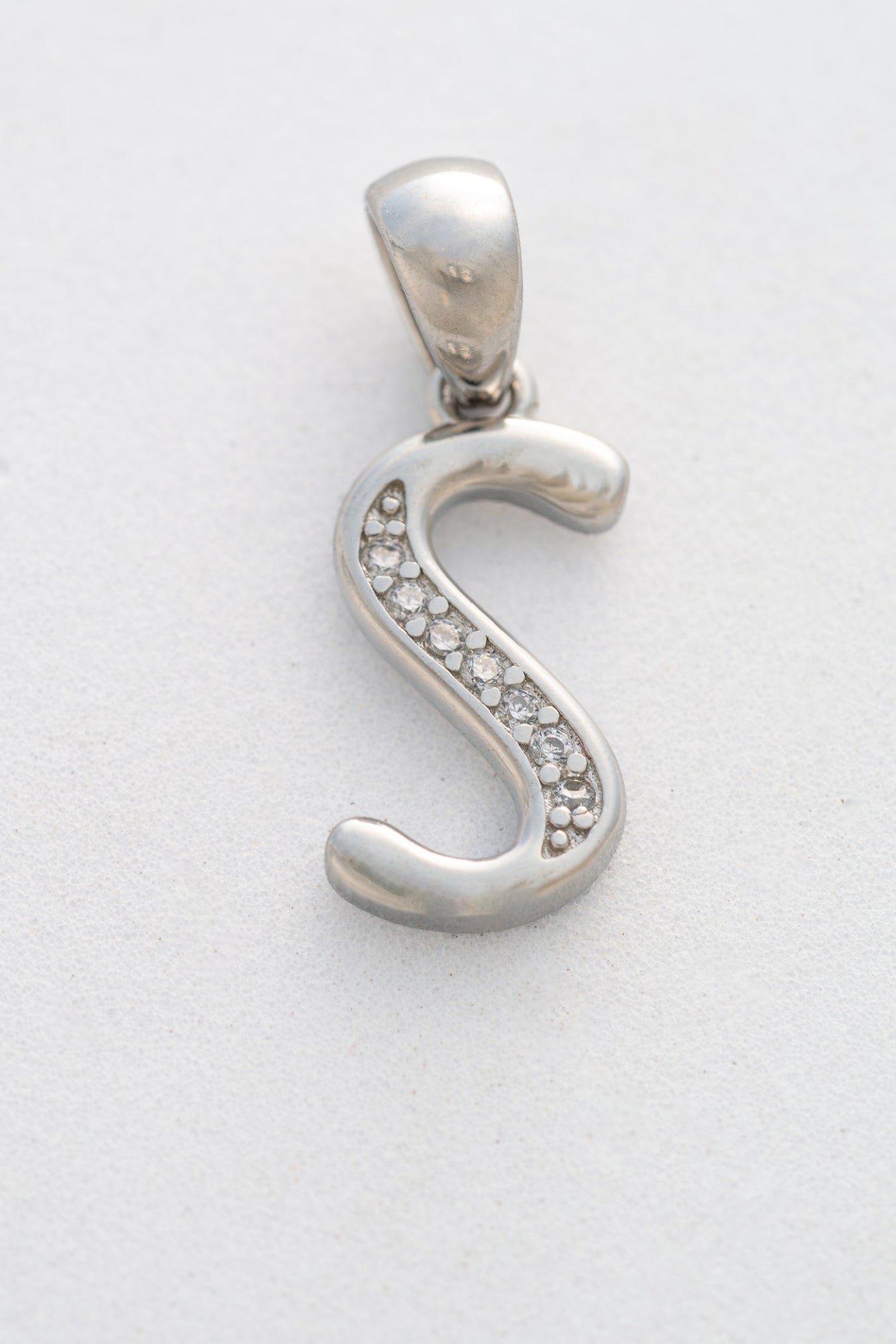 Pure 925 Silver Alphabet “S” Initial Pendant with Stone Accents – 20mm × 9mm