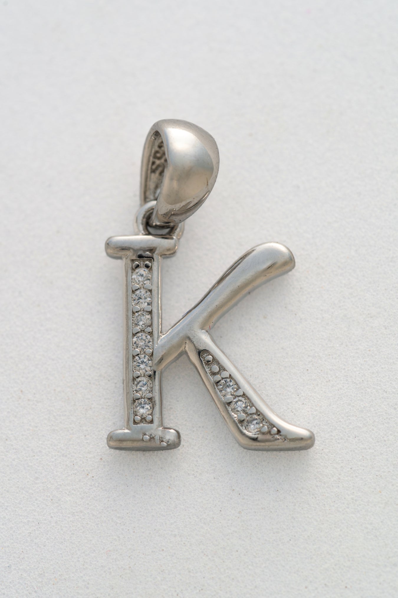 Pure 925 Silver Alphabet “K” Initial Pendant with Stone Accents – 22mm × 12mm