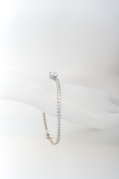 Pure 925 Silver Heart-Center Tennis Bracelet with CZ Stones (8 Inch)