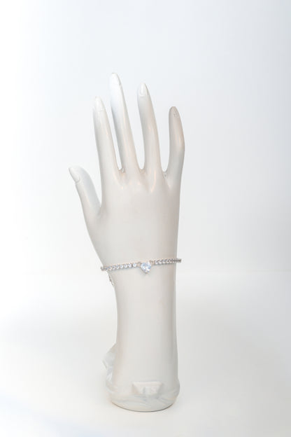 Pure 925 Silver Heart-Center Tennis Bracelet with CZ Stones (8 Inch)