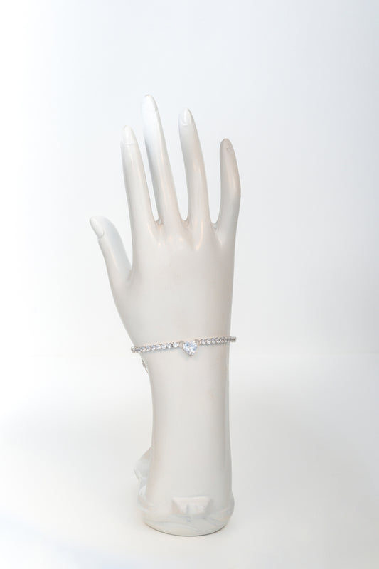 Pure 925 Silver Heart-Center Tennis Bracelet with CZ Stones (8 Inch)
