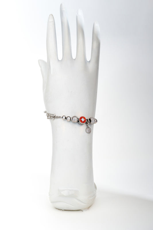 Pure 925 Silver Beaded Charm Bracelet with Red & Crystal Accents (Adjustable)
