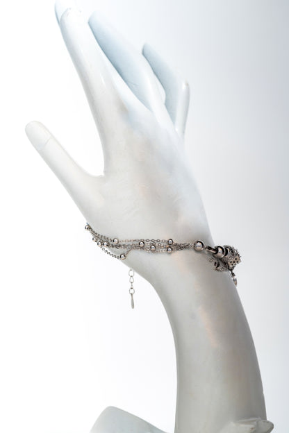 Pure 925 Silver Beaded Charm Bracelet with Red & Crystal Accents (Adjustable)
