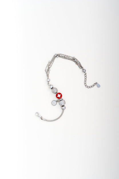 Pure 925 Silver Beaded Charm Bracelet with Red & Crystal Accents (Adjustable)