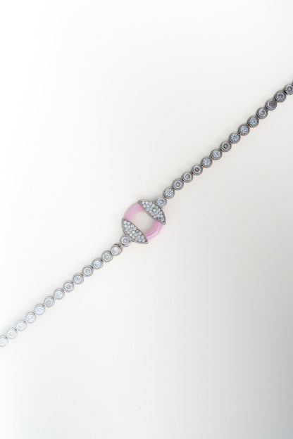 Pure 925 Silver Tennis Bracelet with Pink Enamel & CZ Centerpiece (8 Inch)
