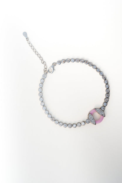 Pure 925 Silver Tennis Bracelet with Pink Enamel & CZ Centerpiece (8 Inch)