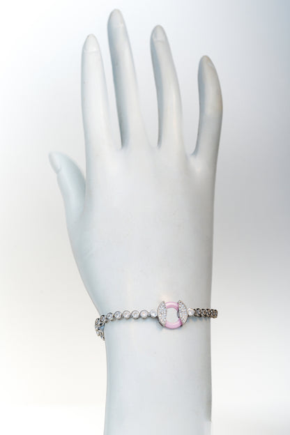 Pure 925 Silver Tennis Bracelet with Pink Enamel & CZ Centerpiece (8 Inch)