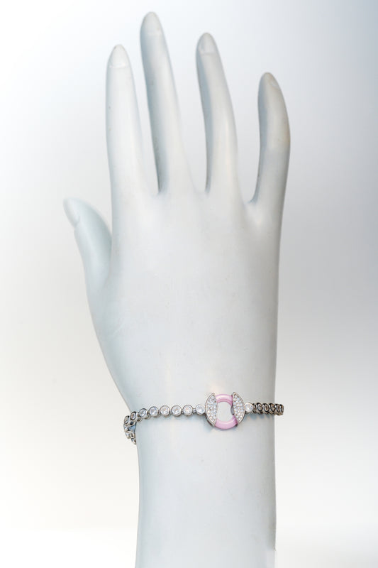 Pure 925 Silver Tennis Bracelet with Pink Enamel & CZ Centerpiece (8 Inch)