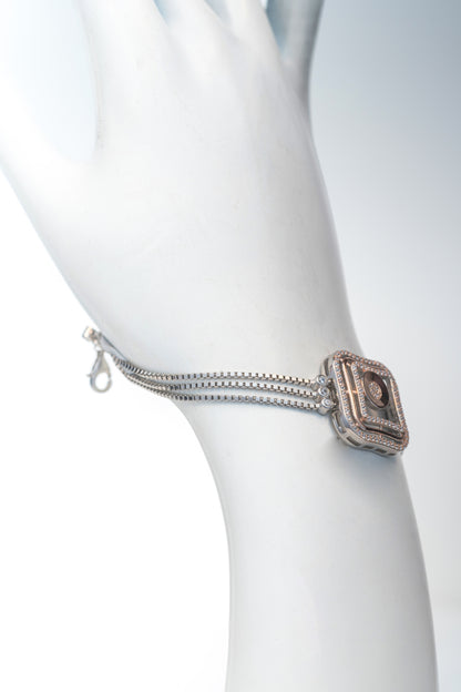 Geometric Square-Center Pure 925 Silver Bracelet with CZ Accents (7.5 Inch)