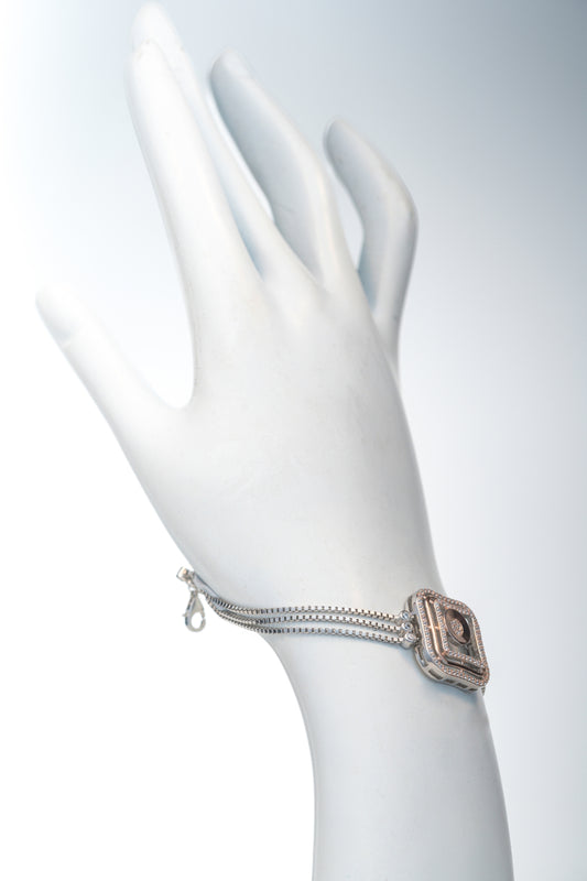 Geometric Square-Center Pure 925 Silver Bracelet with CZ Accents (7.5 Inch)