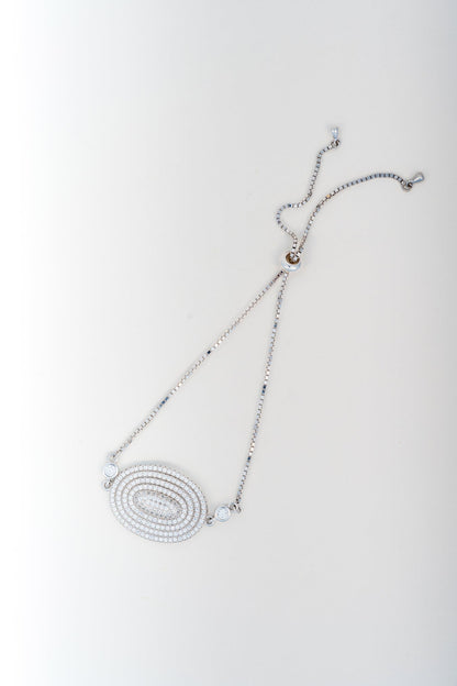 Pure 925 Silver Oval-Center Statement Bracelet with CZ Accents (Free Size)