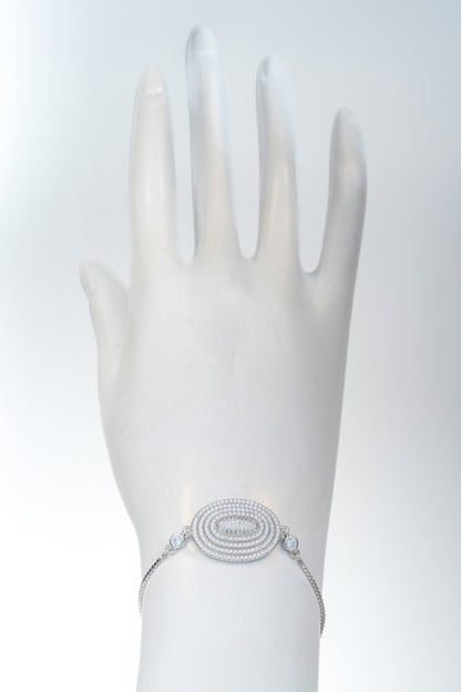 Pure 925 Silver Oval-Center Statement Bracelet with CZ Accents (Free Size)