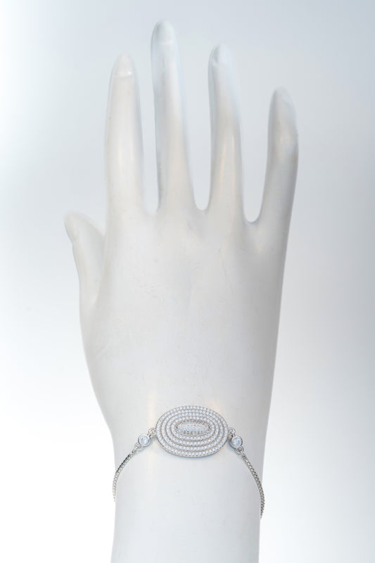 Pure 925 Silver Oval-Center Statement Bracelet with CZ Accents (Free Size)