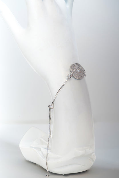 Pure 925 Silver Oval-Center Statement Bracelet with CZ Accents (Free Size)